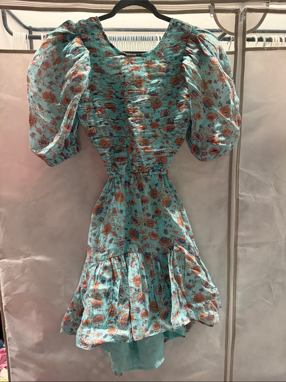 Sea New York Aqua Floral Puff-Sleeve Mini Dress